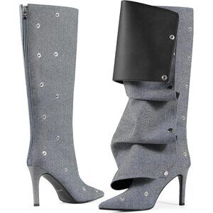 Women's Denim Blue Detachable Snap Off Pointed Toe Shark Knee High Heels Boots